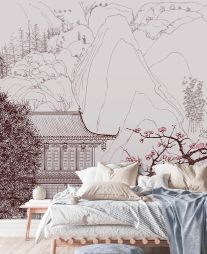 illustration af traditionelle orientalske hus og kirsebær blomstre træer tapet