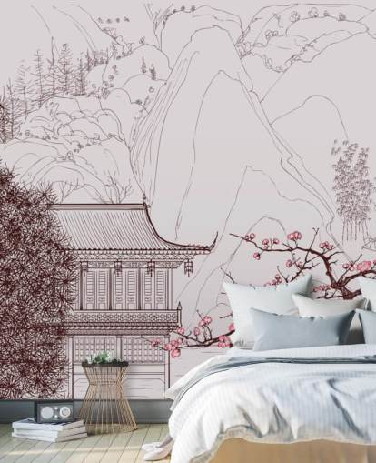 illustration av traditionella orientaliska hus och körsbär blomma träd tapeter