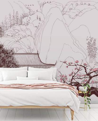 illustration of traditional oriental house and cherry blossom trees wallpaper