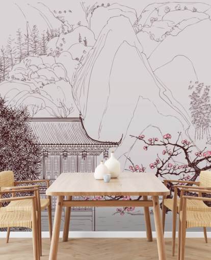 illustration af traditionelle orientalske hus og kirsebær blomstre træer tapet illustration af traditionelle orientalske hus og kirsebær blomstre træer tapet