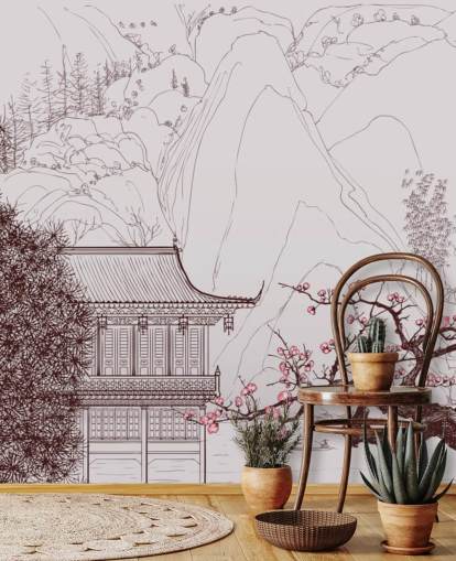 illustration of traditional oriental house and cherry blossom trees wallpaper
