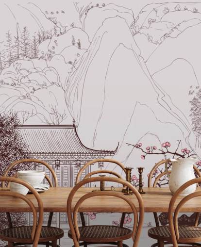 illustrazione della tradizionale casa orientale e carta da parati alberi di ciliegio