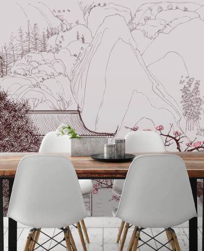 illustration af traditionelle orientalske hus og kirsebær blomstre træer tapet