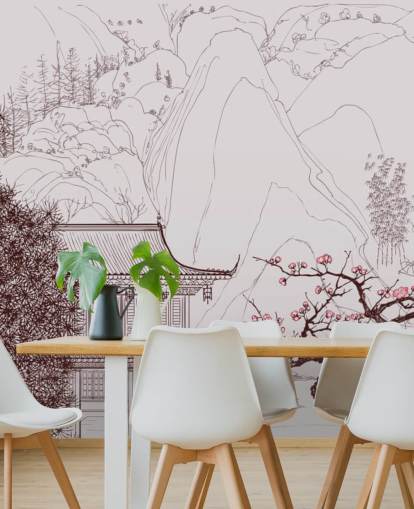 ilustración de la casa oriental tradicional y los cerezos en flor papel tapiz