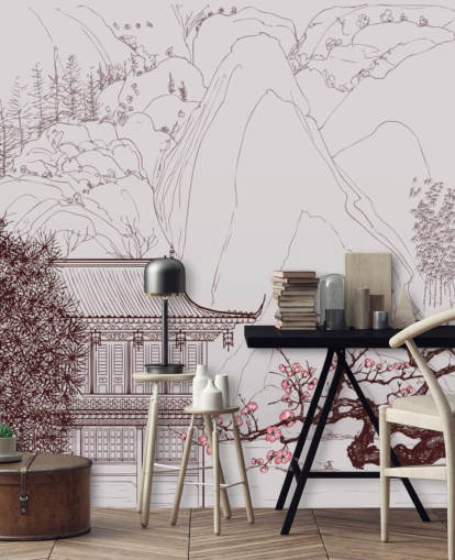 ilustración de la casa oriental tradicional y los cerezos en flor papel tapiz ilustración de la casa oriental tradicional y los cerezos en flor papel tapiz