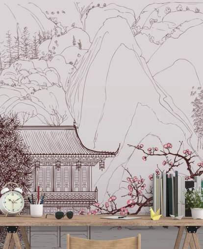 ilustração de casa oriental tradicional e árvores de cerejeira papel de parede