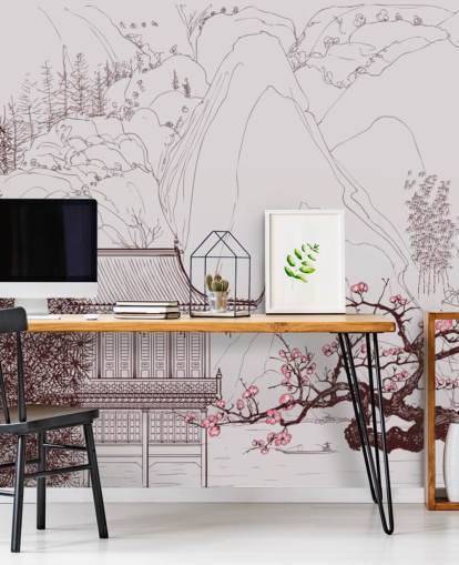 illustration de la maison orientale traditionnelle et des cerisiers en fleurs papier peint illustration de la maison orientale traditionnelle et des cerisiers en fleurs papier peint