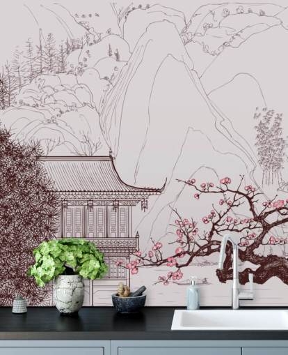 ilustración de la casa oriental tradicional y los cerezos en flor papel tapiz