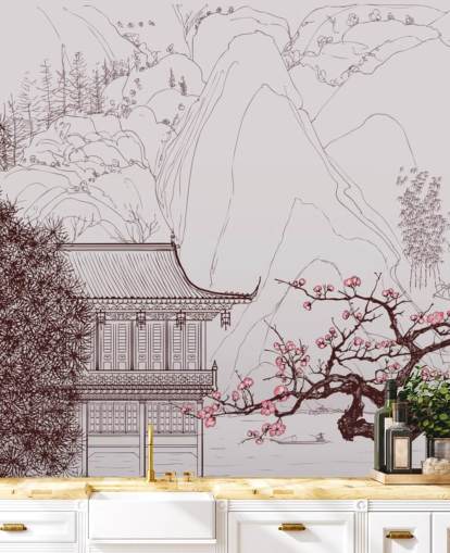 illustration af traditionelle orientalske hus og kirsebær blomstre træer tapet