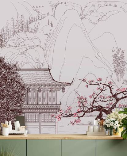 illustration av traditionella orientaliska hus och körsbär blomma träd tapeter illustration av traditionella orientaliska hus och körsbär blomma träd tapeter