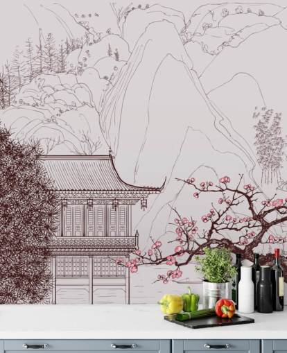 illustration of traditional oriental house and cherry blossom trees wallpaper