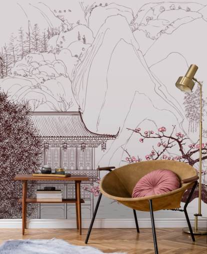 ilustración de la casa oriental tradicional y los cerezos en flor papel tapiz