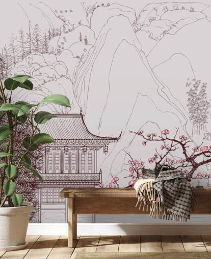 illustration af traditionelle orientalske hus og kirsebær blomstre træer tapet