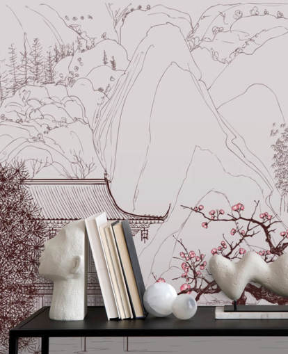 illustration av traditionella orientaliska hus och körsbär blomma träd tapeter illustration av traditionella orientaliska hus och körsbär blomma träd tapeter