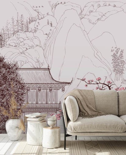 illustration of traditional oriental house and cherry blossom trees wallpaper illustration of traditional oriental house and cherry blossom trees wallpaper