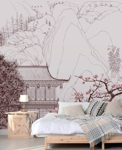 illustration af traditionelle orientalske hus og kirsebær blomstre træer tapet illustration af traditionelle orientalske hus og kirsebær blomstre træer tapet