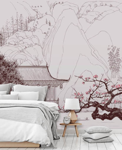 illustration of traditional oriental house and cherry blossom trees wallpaper