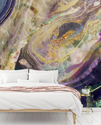 gull og lilla marmor tapetmaleri kalt Gold Dust Purple for soverom og stuer