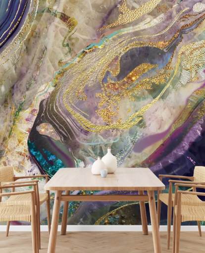 gull og lilla marmor tapetmaleri kalt Gold Dust Purple for soverom og stuer