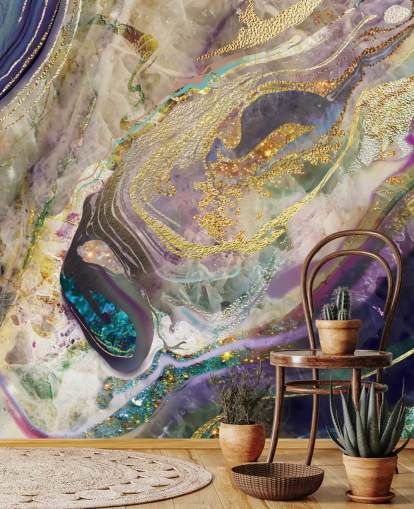 gold and purple marble wallpaper mural called Gold Dust Purple for bedrooms and living rooms