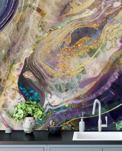 gold and purple marble wallpaper mural called Gold Dust Purple for bedrooms and living rooms