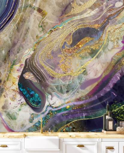 carta da parati murale in marmo dorato e viola chiamato Gold Dust Purple per camere da letto e salotti