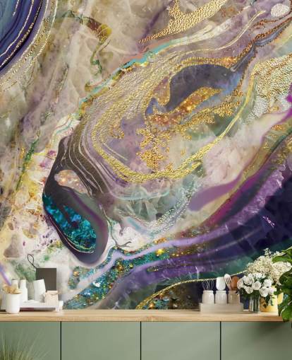 gold and purple marble wallpaper mural called Gold Dust Purple for bedrooms and living rooms