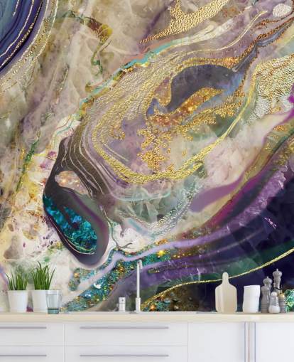 gull og lilla marmor tapetmaleri kalt Gold Dust Purple for soverom og stuer
