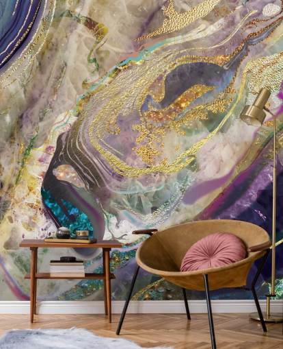 mural de papel pintado de mármol dorado y morado llamado Gold Dust Purple para dormitorios y salas de estar