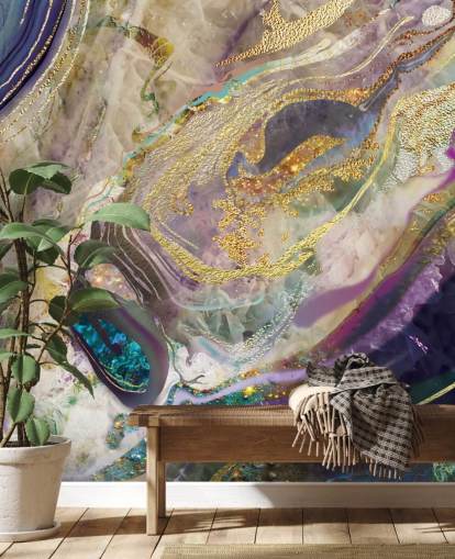 gold and purple marble wallpaper mural called Gold Dust Purple for bedrooms and living rooms