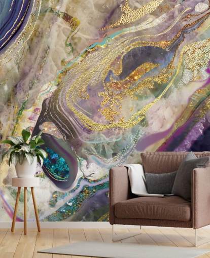 mural de papel de parede de mármore dourado e roxo chamado Gold Dust Purple para quartos e salas de estar