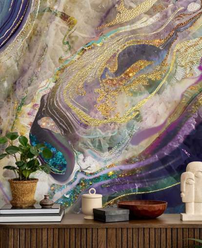 mural de papel pintado de mármol dorado y morado llamado Gold Dust Purple para dormitorios y salas de estar