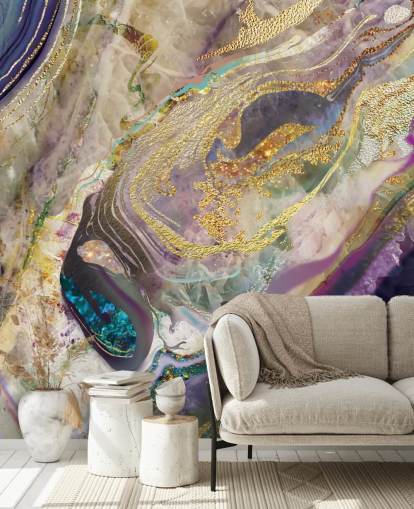 mural de papel de parede de mármore dourado e roxo chamado Gold Dust Purple para quartos e salas de estar