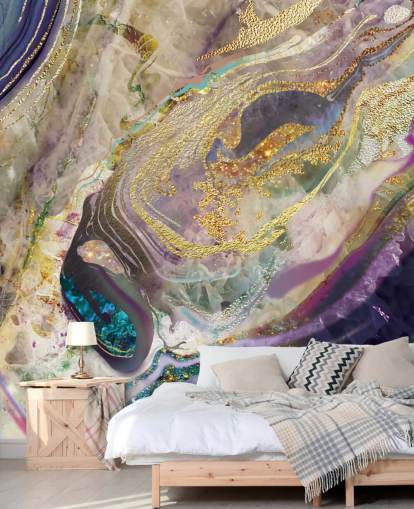 carta da parati murale in marmo dorato e viola chiamato Gold Dust Purple per camere da letto e salotti