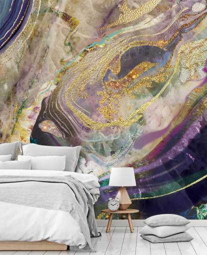 gull og lilla marmor tapetmaleri kalt Gold Dust Purple for soverom og stuer