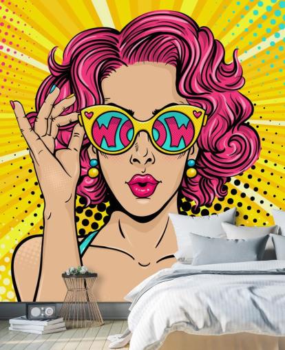 färgglad anpassningsbar popkonst tapet väggmålning som heter Wow Pop Art för sovrum
