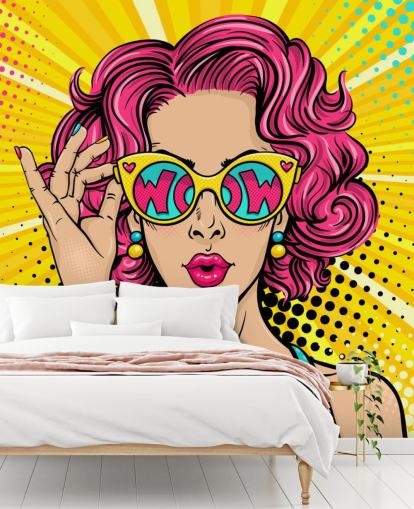 kleurrijke aanpasbare pop-art behangmuurschildering genaamd Wow Pop Art voor slaapkamer