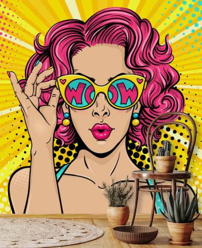 värikäs muokattava pop-art taustakuvamaalaus nimeltä Wow Pop Art makuuhuoneeseen