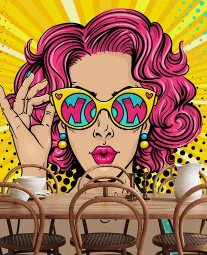 mural colorido de papel de parede de arte pop personalizável chamado Wow Pop Art para quarto