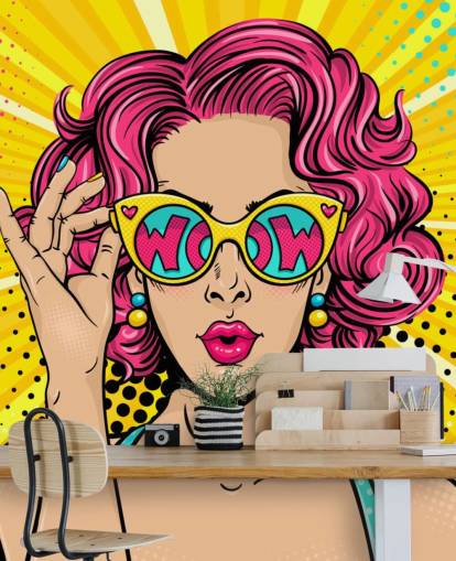 färgglad anpassningsbar popkonst tapet väggmålning som heter Wow Pop Art för sovrum