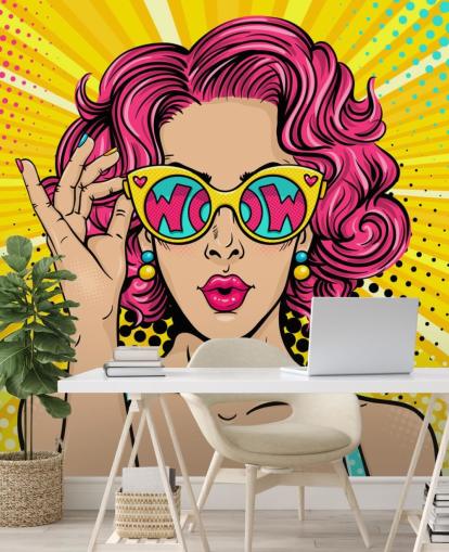 kleurrijke aanpasbare pop-art behangmuurschildering genaamd Wow Pop Art voor slaapkamer
