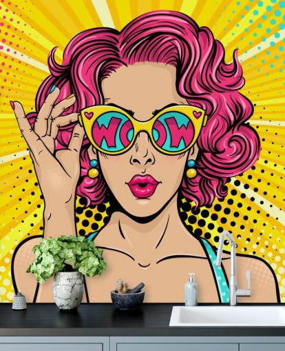 farverigt tilpasselig pop art tapet vægmaleri kaldet Wow Pop Art til soveværelse
