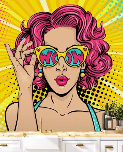 färgglad anpassningsbar popkonst tapet väggmålning som heter Wow Pop Art för sovrum