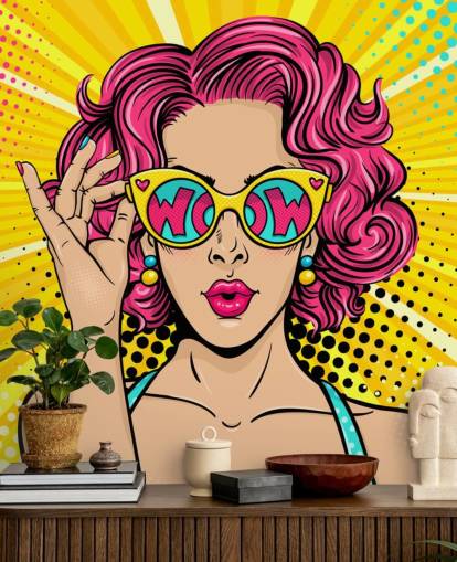 kleurrijke aanpasbare pop-art behangmuurschildering genaamd Wow Pop Art voor slaapkamer