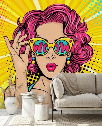 carta da parati pop art colorata personalizzabile chiamata Wow Pop Art per camera da letto