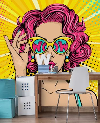 carta da parati pop art colorata personalizzabile chiamata Wow Pop Art per camera da letto