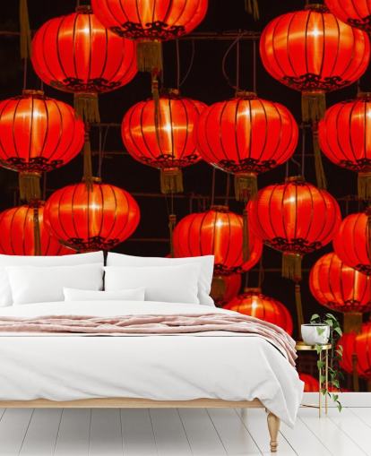 rode chinese lantaarns verlicht's nachts behang