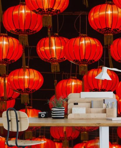 red chinese lanterns lit up at night wallpaper