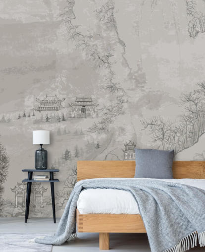 Graue orientalische Tapete namens Landscape, China für Schlafzimmer, Wohnzimmer oder Esszimmer
