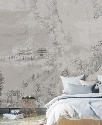 carta da parati orientale grigia chiamata Landscape, Cina per camere da letto, salotti o sale da pranzo